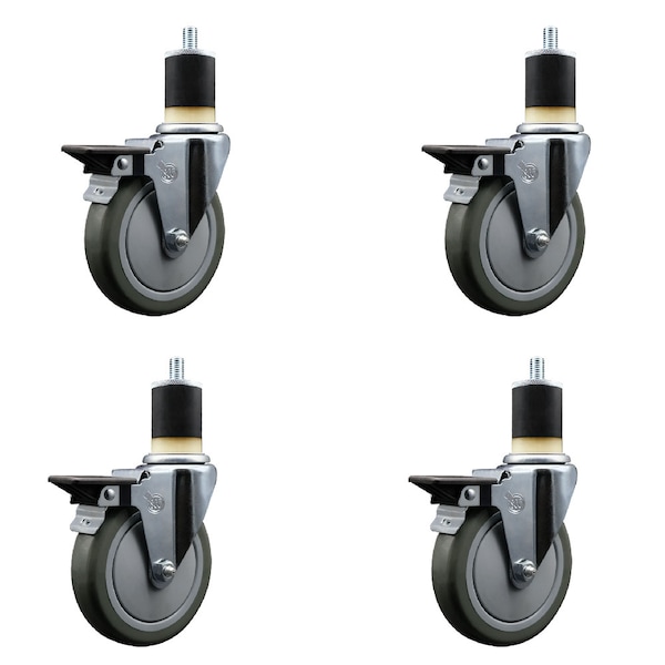 5'' Gray Poly Swivel 1-7/8'' Expanding Stem Caster Set with Brake, 4PK